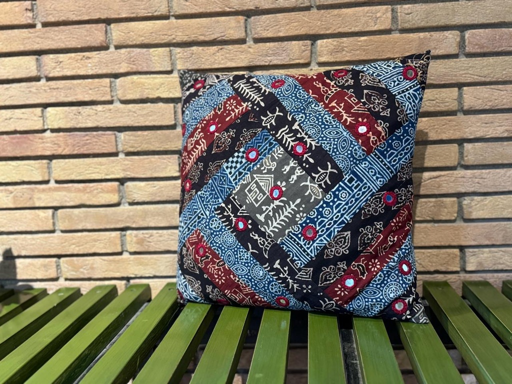 Ajrak & Mirror Work Cushion Cover