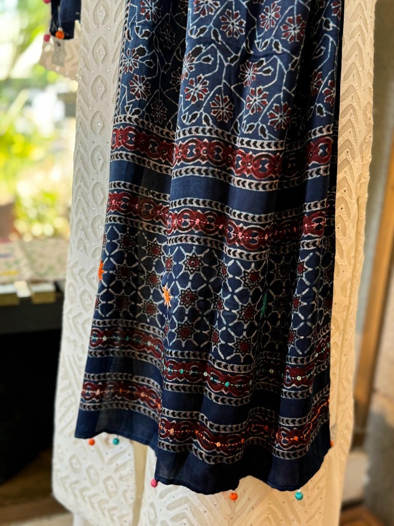 Ajrak Silk Scarf with Mirror Work