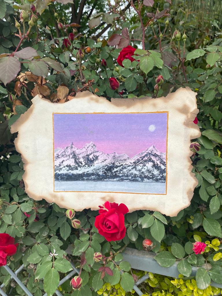 Oil Pastel Drawing on Burnt Paper: Hues of Violet Sky and Mountainous Landscape