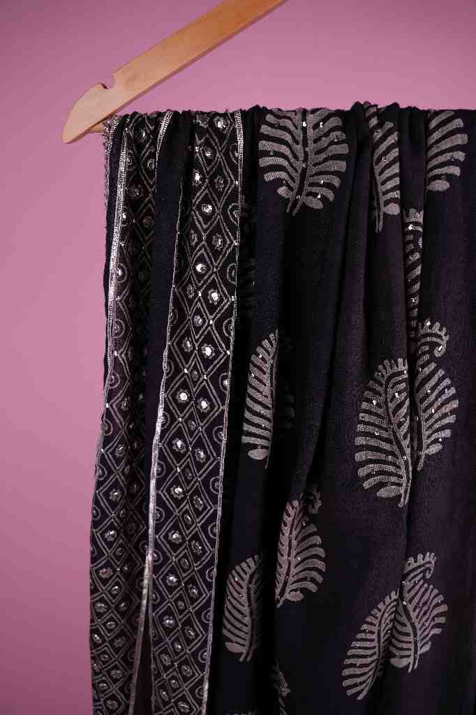 Black Handcrafted Mukesh Embroidery Dupatta | Niddleart IMG # 1