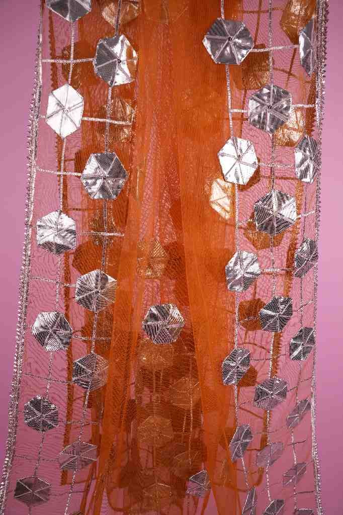 Rust Orange Net Mirror Work Dupatta | Niddleart IMG # 1