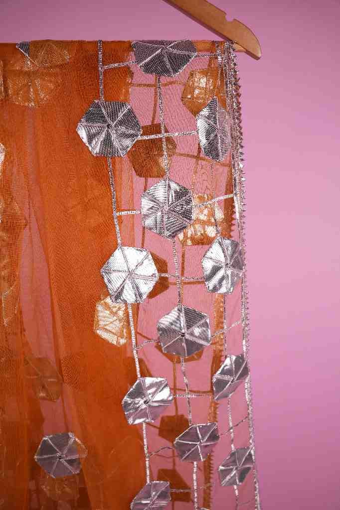Rust Orange Net Mirror Work Dupatta | Niddleart IMG # 1