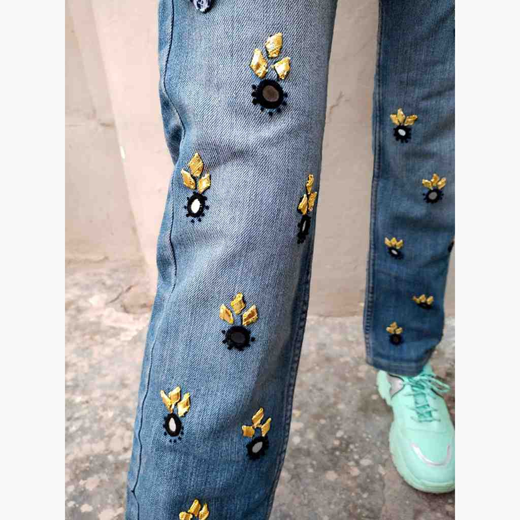 Denim Jeans with Beautiful Hand Embroidery   IMG # 1