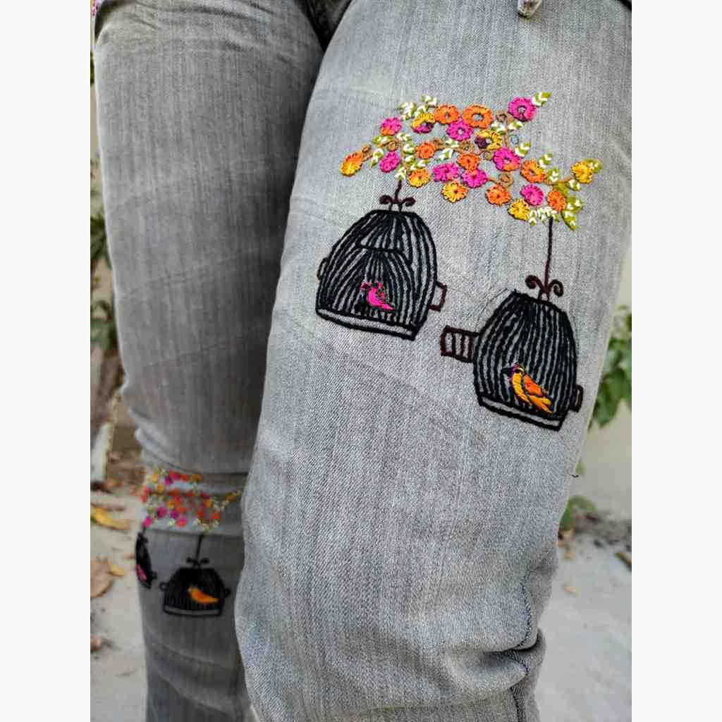 Denim Jeans with Beautiful Hand Embroidery   IMG # 1