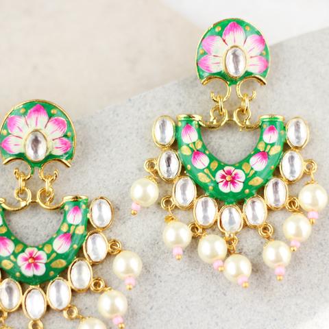 Statement Hand Painted Green Pearl Earring