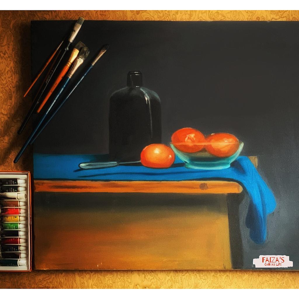 Still life with Fruits, bottle and drapery