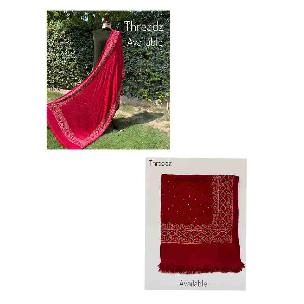 Hand Embroidered Stole with Satin Stitch and Mukesh Work