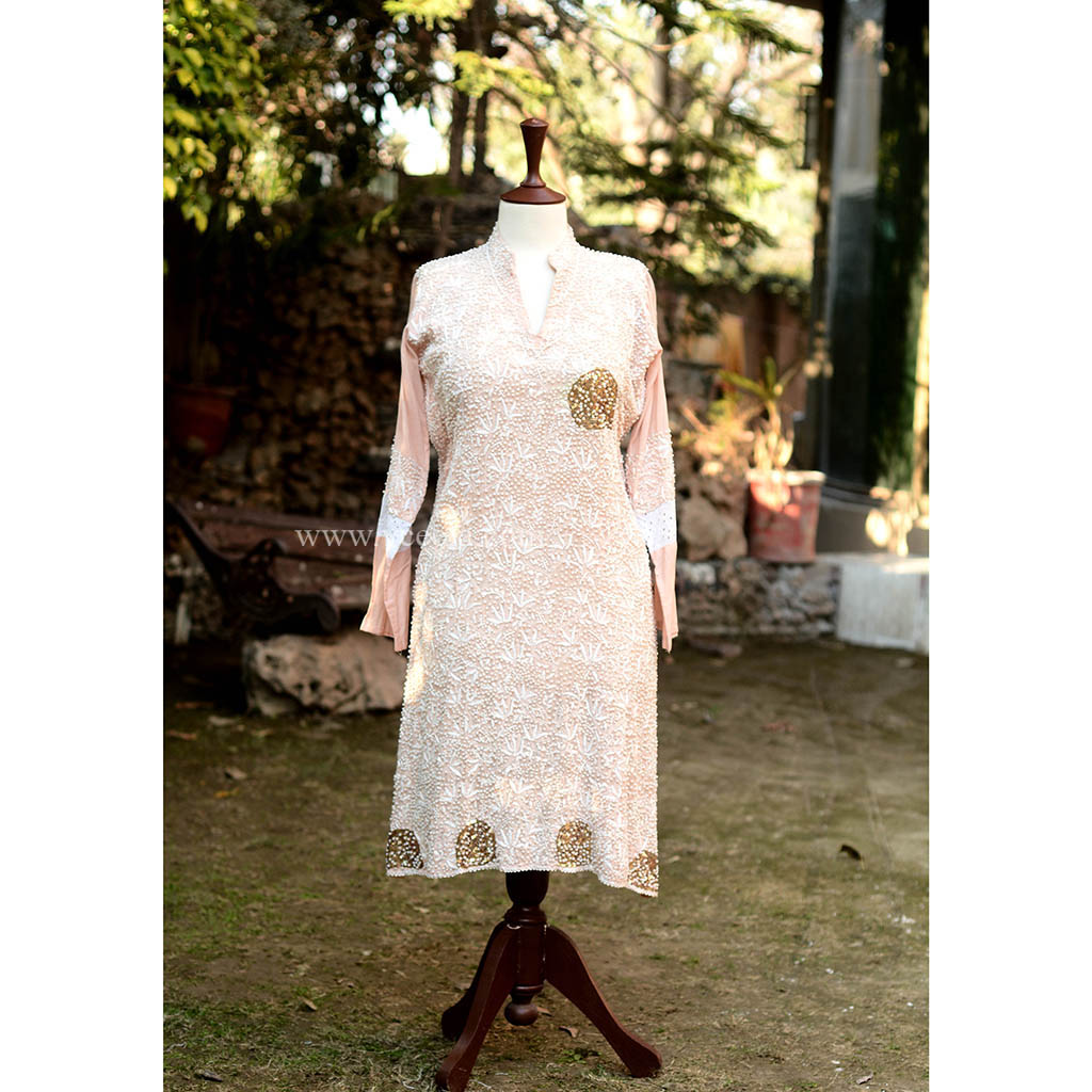 Beads Work Hand Embroidered Light Pink Shirt