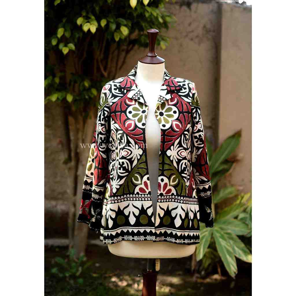 Long Embroidered Black Aplic Work Coat