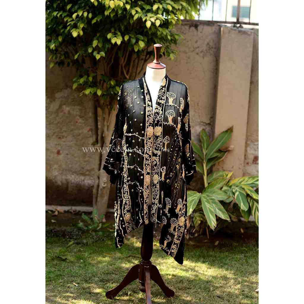 Black Deep Chiffon Embroidery Work Coat 
