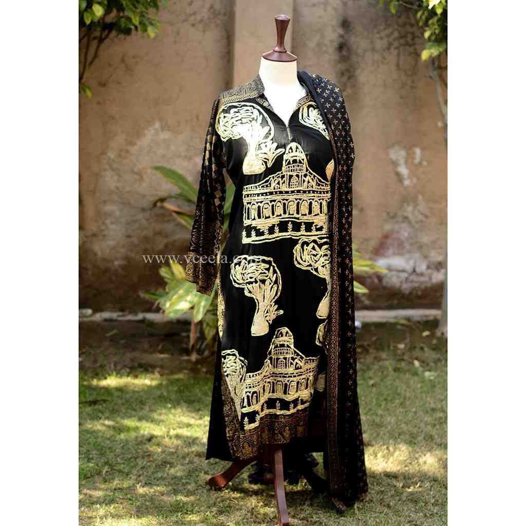 Embroidered Black Suit with Chicken Fabric Trouser