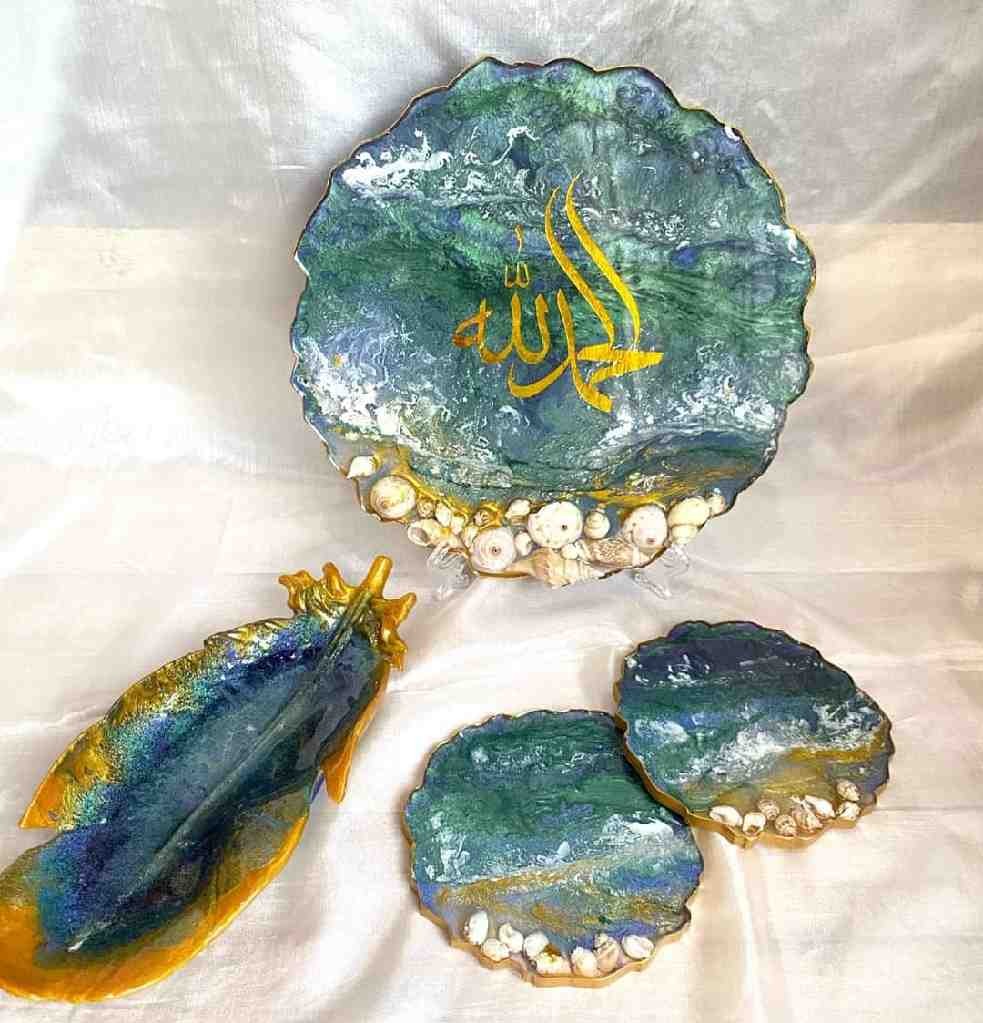 Resin Plate with Coasters and Feather Tray