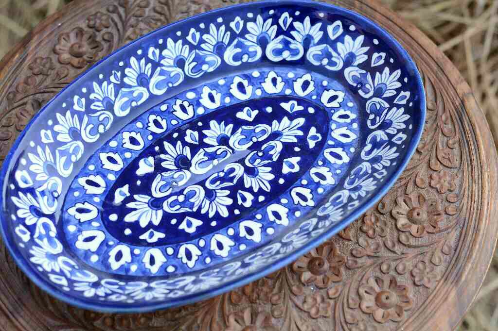 Blue Pottery Oval Shape Rice Tray