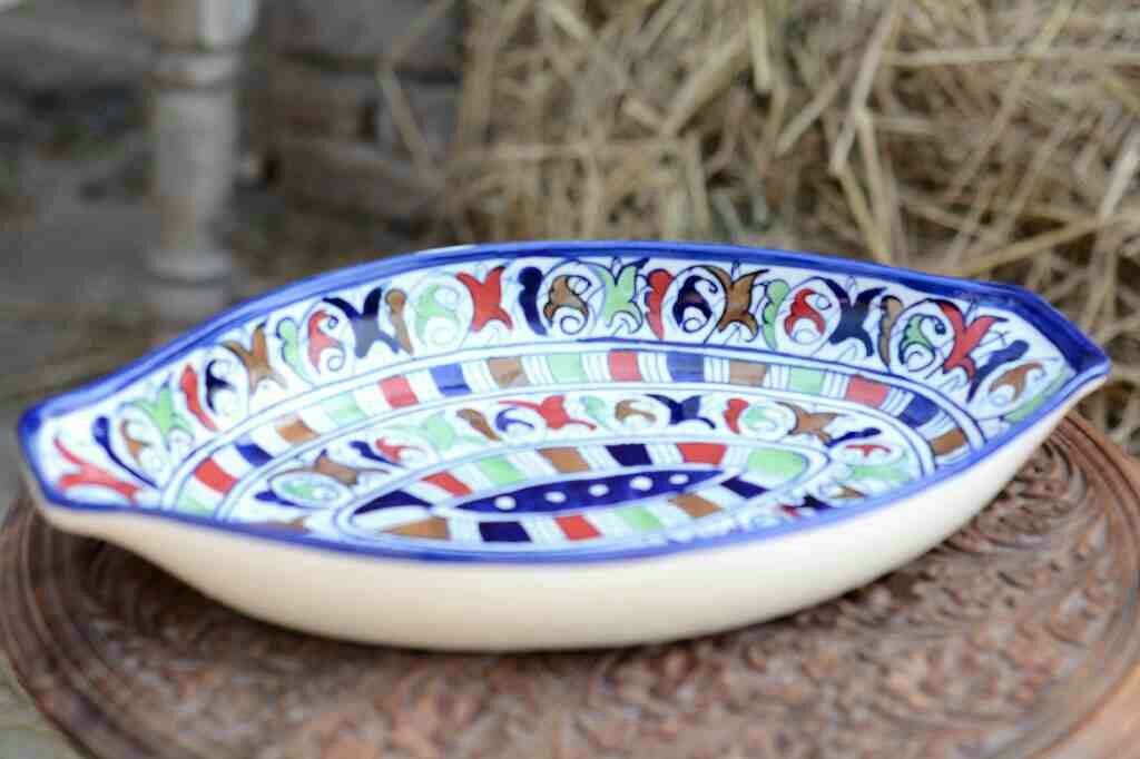 Blue Pottery Oval Shape Rice Tray
