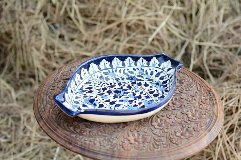 Blue Pottery Oval Shape Rice Tray