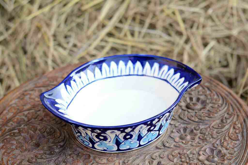 Blue Pottery Leaf Design Serving Bowl