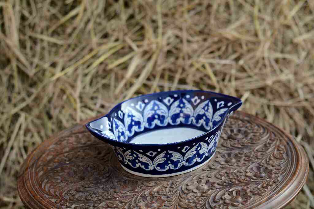 Blue Pottery Leaf Design Serving Bowl