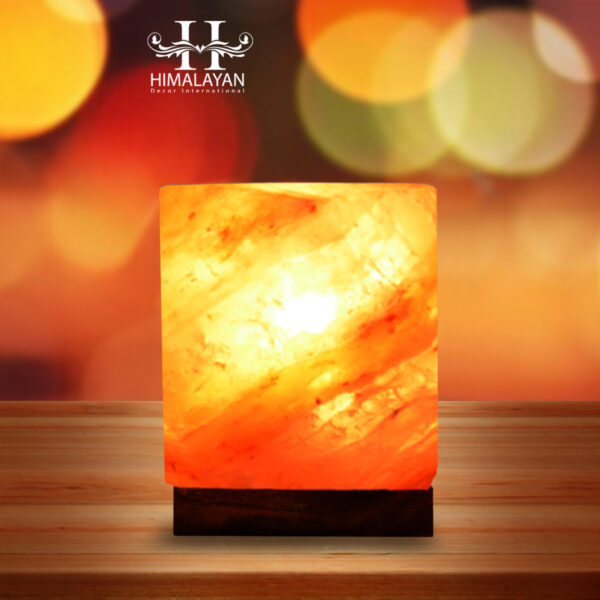 Himalayan Cube Shape Salt Lamp with Wood Base, Electric Wire Bulb