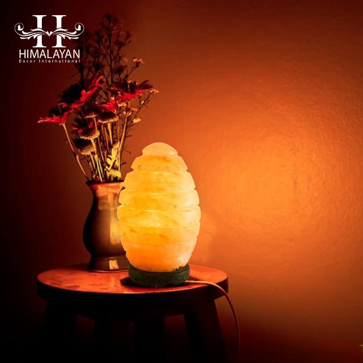 Himalayan Salt Lamp Egg Shape with Lines with Wood Base & Electric Wire Bulb