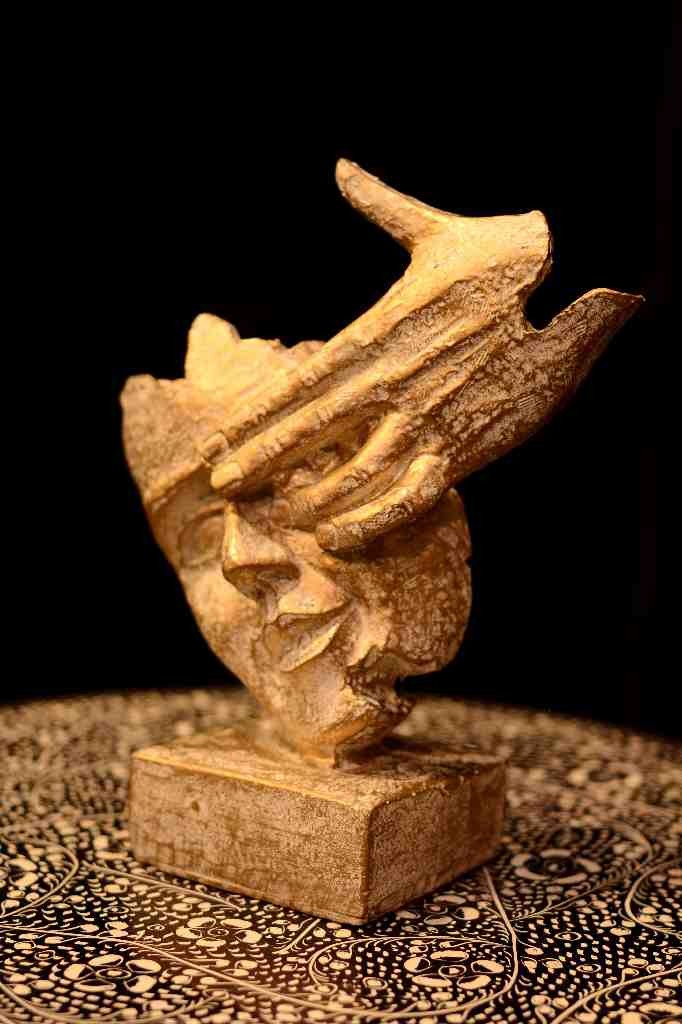 Fiber Abstract Lady Face Hand on Mouth Sculpture Office Home Decor
