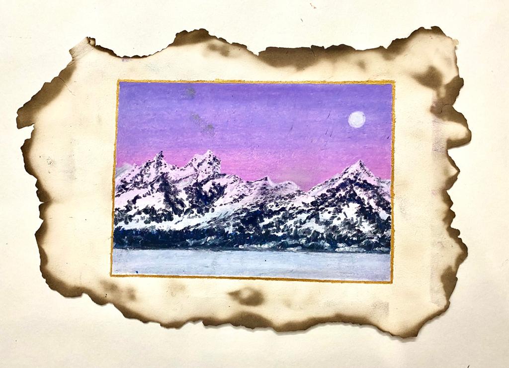 Oil Pastel Drawing on Burnt Paper Hues of Violet Sky and Mountainous Landscape