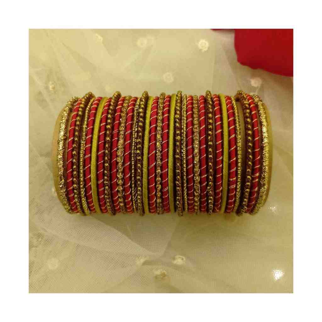 Hand Made Women's Silk Thread Bangles with pearls, tilla & gota