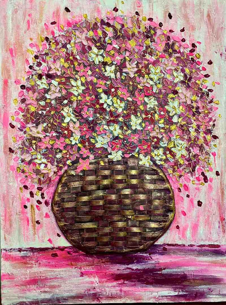 Mixed Media Art Pink Floral Vase