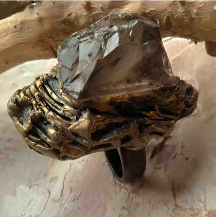 Smokey crystal quartz hand sculpted ring 