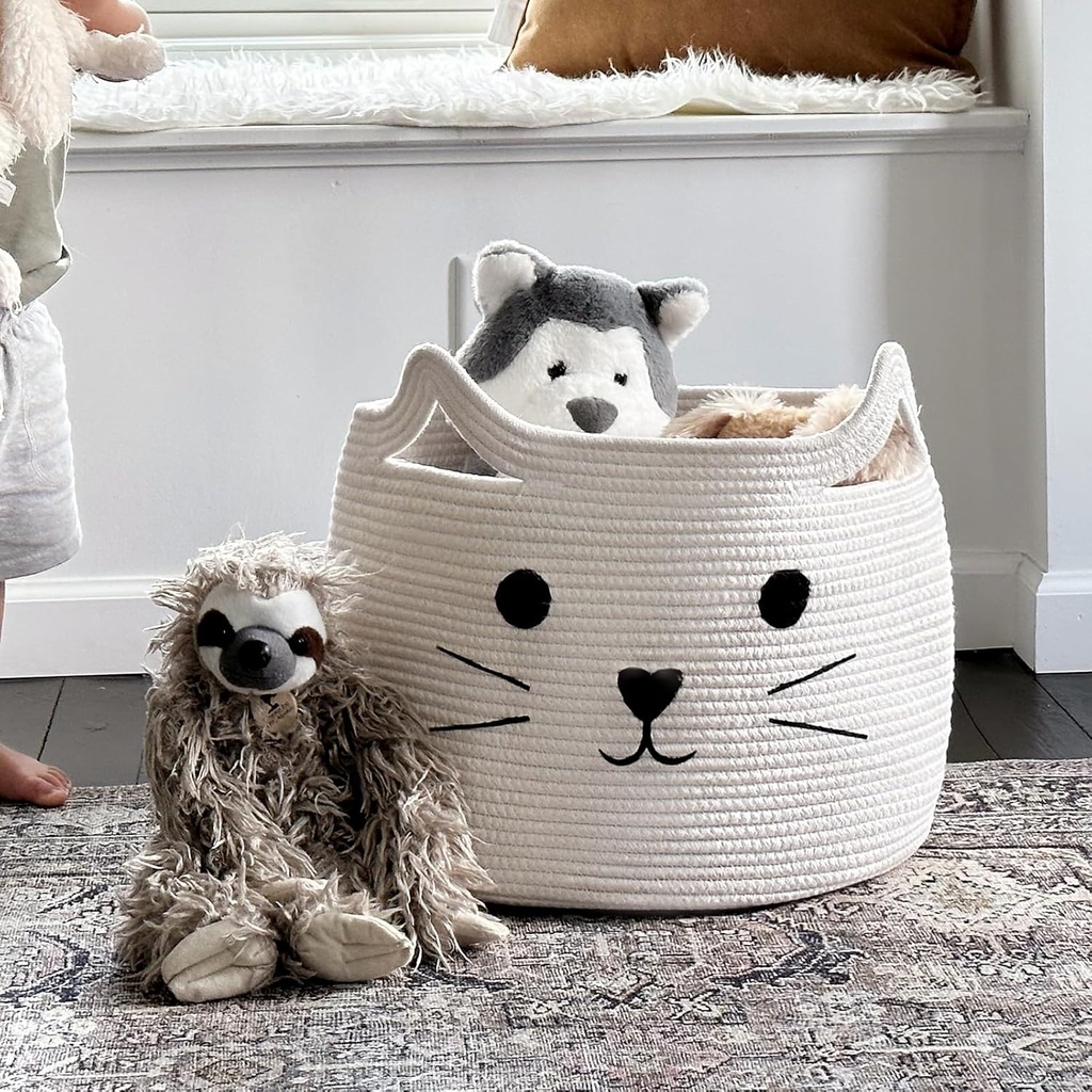 Big Cat-Shaped Kids Toy Basket – Cotton Rope Storage Basket