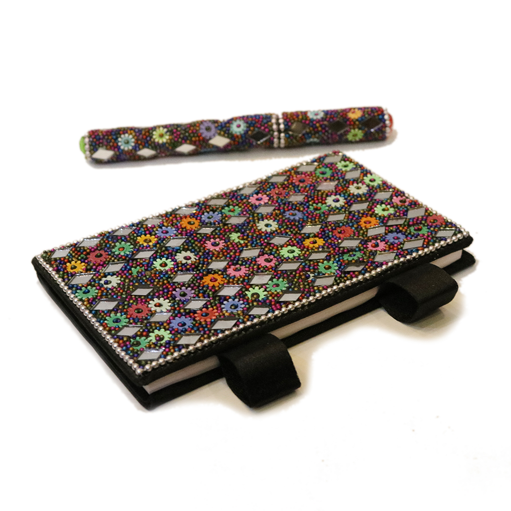 Handmade mirror and bead work diary book with a pen