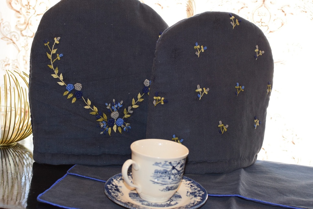 TC-1 Blue Jacquard Tea Cozies and Tray Mats Set