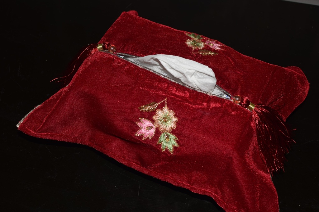 TB-15 Burgundy Velvet Tissue Box Cover with Resham Work