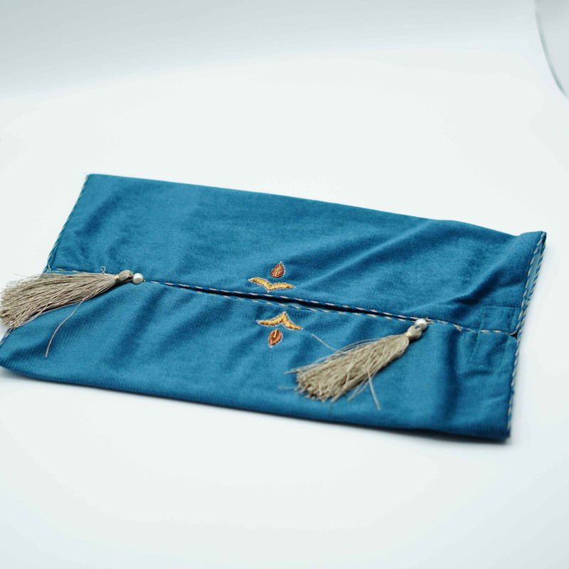 TB-2 Blue Velvet Tissue Box Cover with Dabka Work