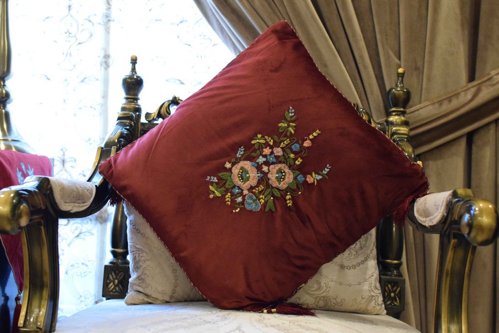 C-1 Burgundy Velvet Hand Embroidered Cushion Covers Set