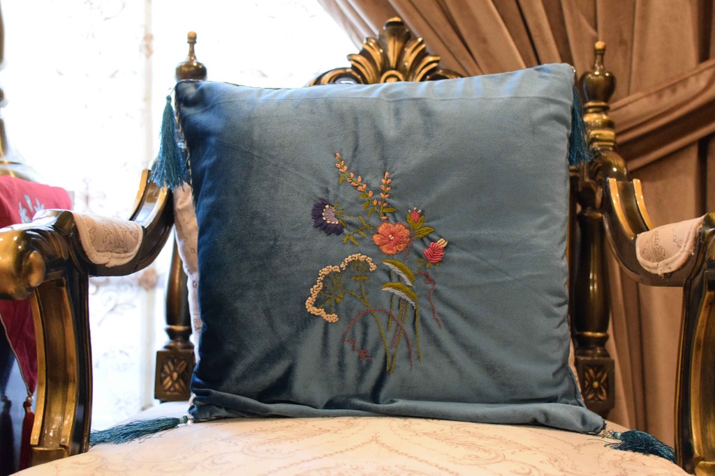 C-2 Blue Velvet Hand Embroidered Cushion Covers Set