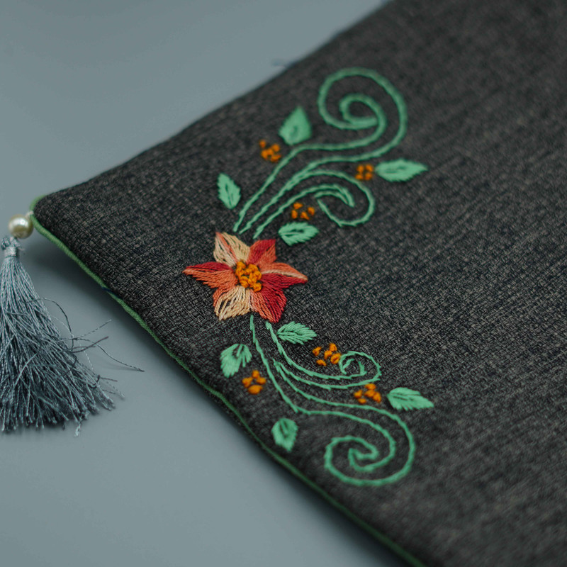 C-6 Grey Jute Cushion Covers Set with Hand Embroidery