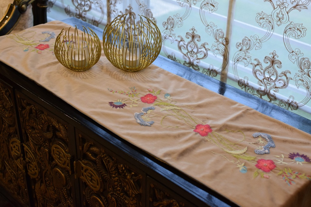 R-11 Light Brown Velvet Hand Embroidered Runner