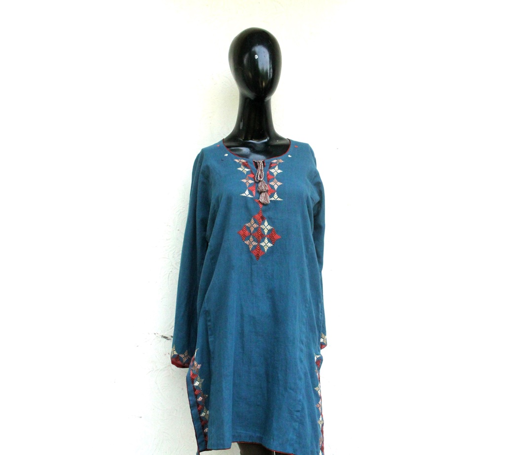 Blue short kurti with phulkari/jisti embroidery