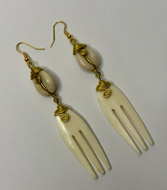 African Fork Shaped Bone, Brass & Shell Earrings