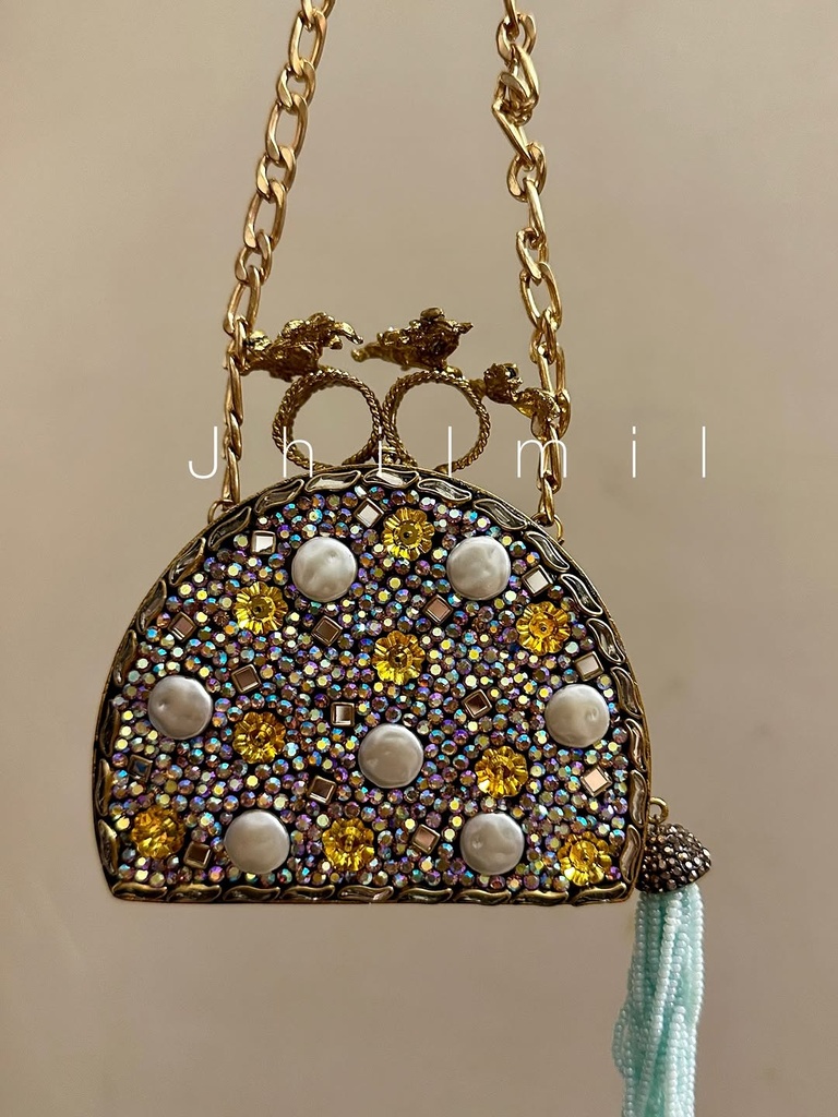 Festive handmade Clutch - Dome Yellow Mother Pearl