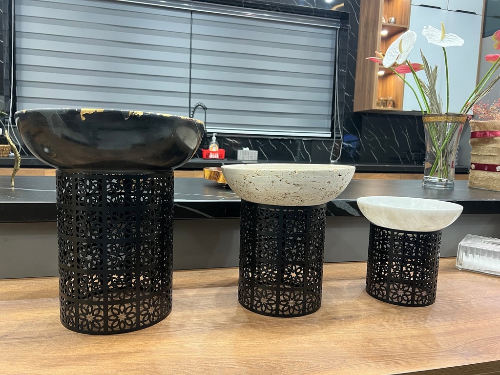Marble Bowl Deep with Metal Stand - 25Cm