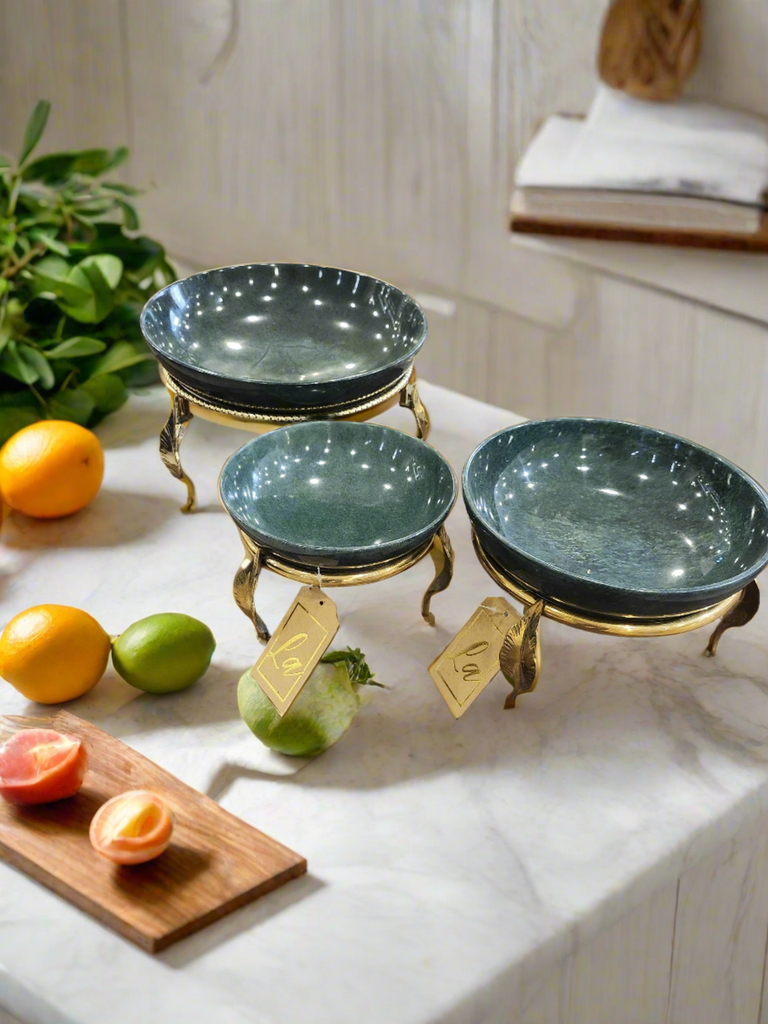 Marble Bowl Deep With Brass Stand - (30 CM)