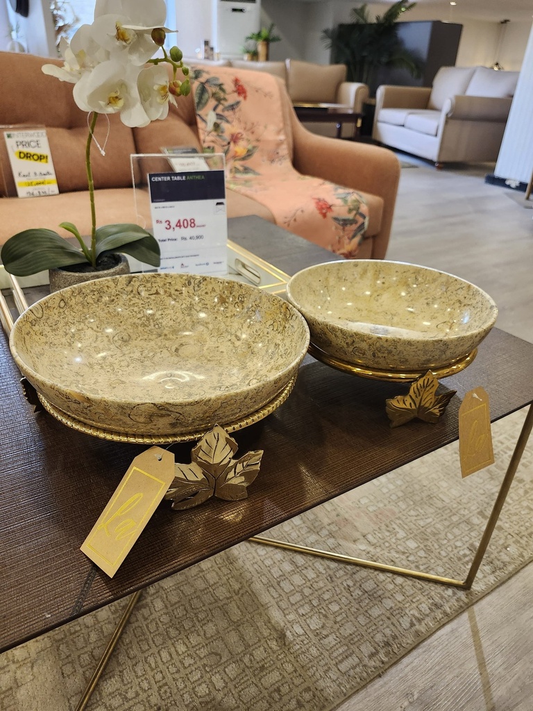 Marble Bowl Deep With Brass Stand - (25 Cm)