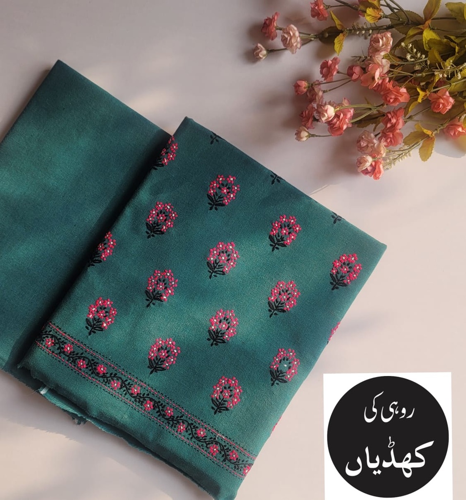 Vivid Viridian Ensemble with Hand-Embroidered Pink & Black Motifs – Winter – Unstitched – 2 Piece