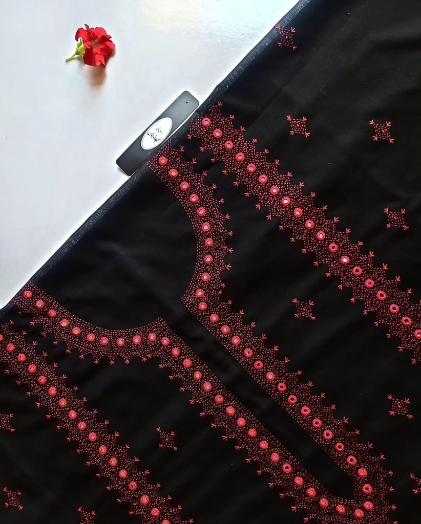 Classic Midnight Black & Scarlet Ensemble – Intricate Needlework & Mirrors, Limited Edition Ethnic Masterpiece – Unstitched – Shirt and Trouser