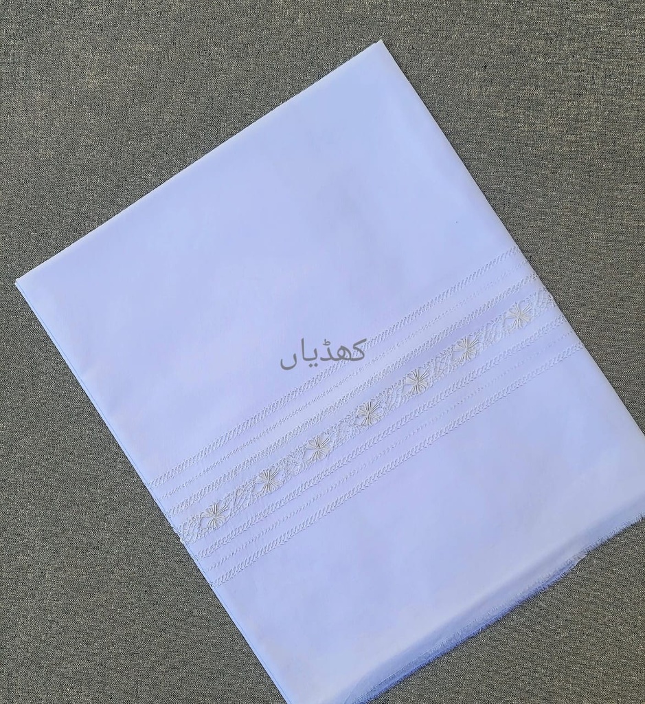 Soft white cotton fabric with hand-embroidered Tarkashi for shalwar or trouser Unstitched