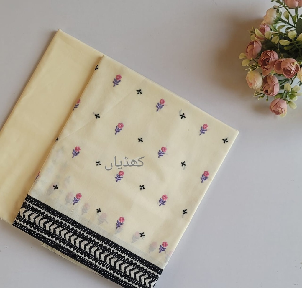 Creamy Ivory Hand Embroidered 2-Piece Lawn Suit – Pink & Violet Floral Motifs | Unstitched Summer Wear