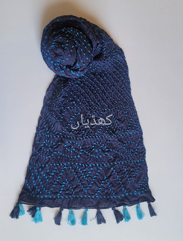 Dark Navy Blue Hand-Knotted Chunri Dupatta – Pure Lawn with Ferozi Dots