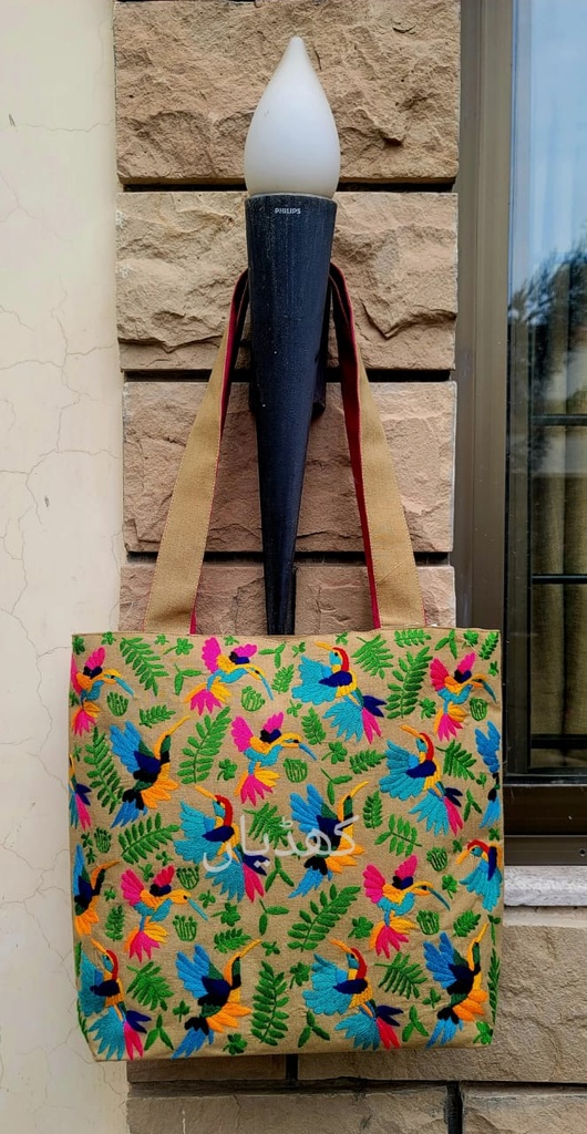 Handcrafted Limited Edition Bag Fuchsia, Turquoise, & Burnt Orange Birds in Precision Embroidery