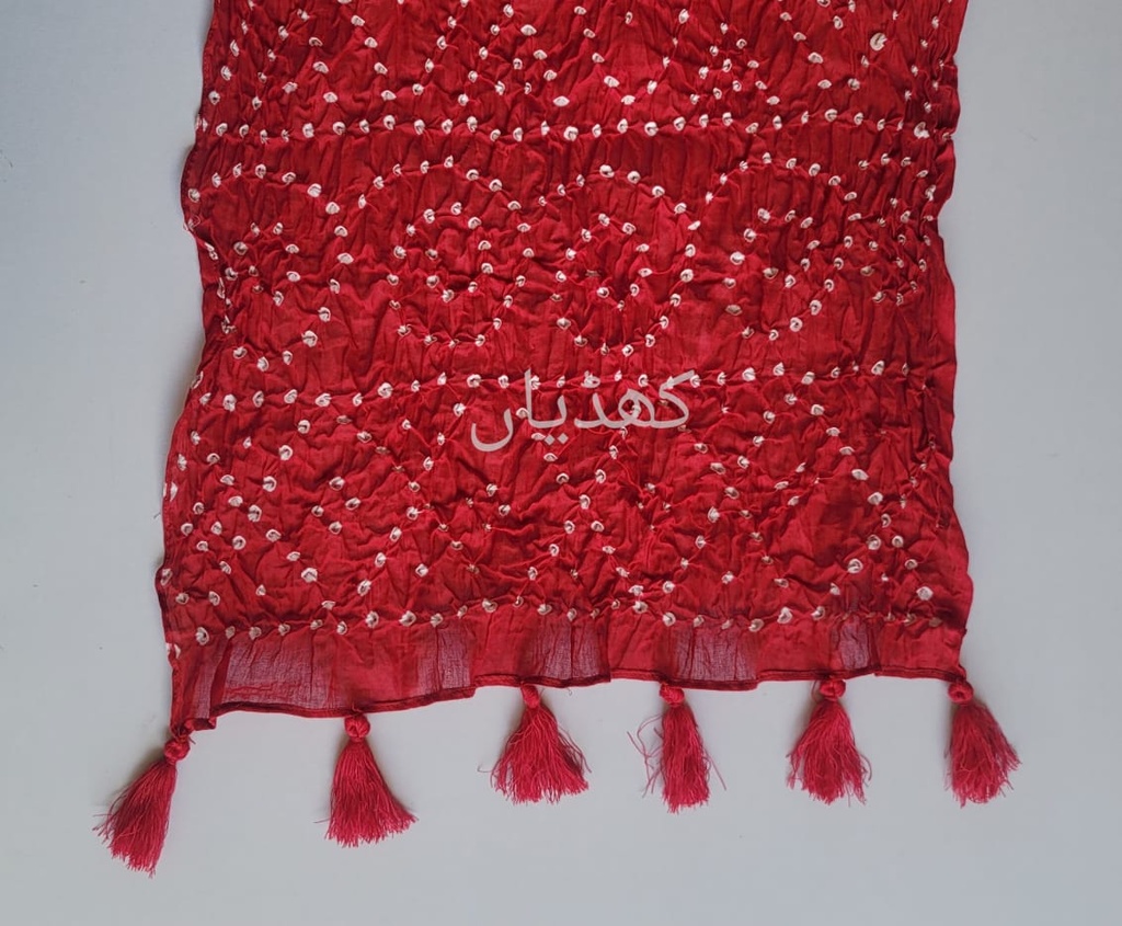 Red Hand-knotted Chunri Stole Pure Lawn Fabric